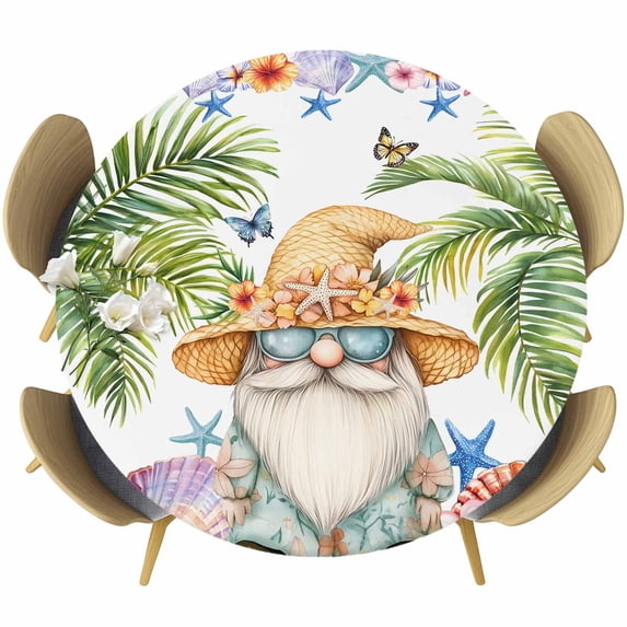 Coastal Gnomes Round Tablecloth, Fitted Table Cover with Elastic for 36"-44" Round Tables, Ocean Starfish Shell Palm Tree Butterfly Table Cloth Outdoor Indoor Dinning Party Waterproof Tablecloths