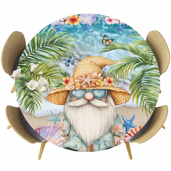 Coastal Gnomes Round Tablecloth, Fitted Table Cover with Elastic for 36"-44" Round Tables, Tropical Palm Tree Beach Flowers Butterfly Table Cloth Outdoor Indoor Dinning Party Waterproof Tablecloths