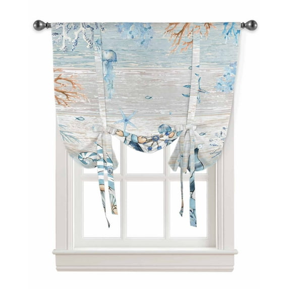 Coastal Gnomes Tie Up Curtains for Kitchen Bathroom Bedroom Windows 63 Inch Length, Nautical Beach Starfish Coral Blue Vintage Balloon Drape Curtains Shade Rod Pocket Drapery Curtain Panel, 52"x63"