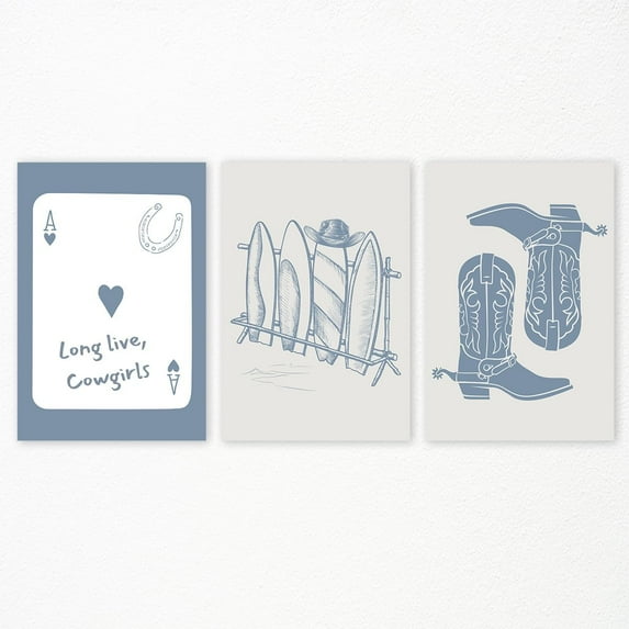 Coastal Granddaughter Art Canvas, Trendy Coastal Blue Print Set of 3, Long Live Cowgirl Boots Picture, Live Cowgirls Ace Playing Card Poster, Surfboard Painting for Wall 12x16in Unframed