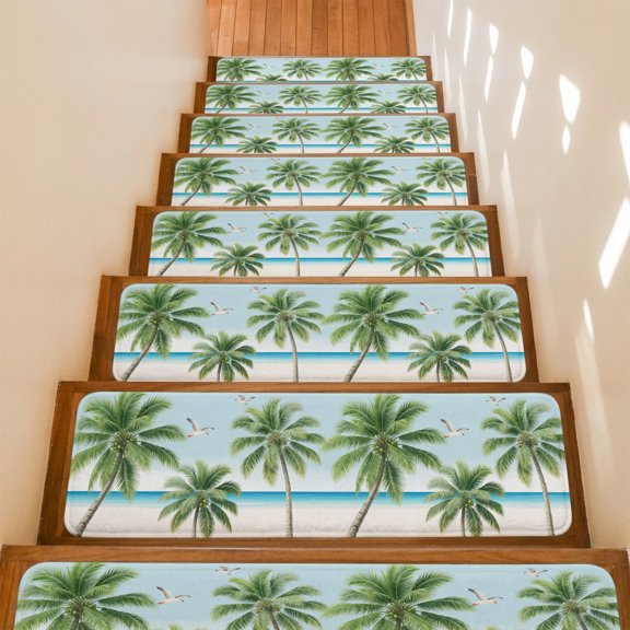 Coastal Green Palm Tree Stair Treads Non Slip for Steps Summer Tropical Plant Beach Seagulls Nautical 7 Pcs Reusable Adhesive Stair Runner Mats for Dogs Elders Treads Rugs for Staircase 8x30 In