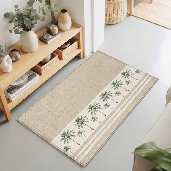 Coastal Green Palm Trees on Vintage Linen Rectangle Area Rug 2x3ft,Living Room Rug Non-Slip Washable Circle Rugs Pad,Tropical Pants Soft Floor Carpet for Bedroom Dining Room