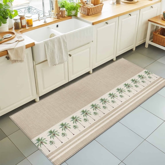 Coastal Green Palm Trees on Vintage Linen Rectangle Area Rug 2x6ft,Living Room Rug Non-Slip Washable Circle Rugs Pad,Tropical Pants Soft Floor Carpet for Bedroom Dining Room