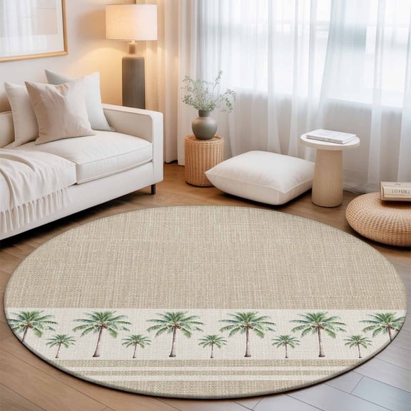Coastal Green Palm Trees on Vintage Linen Round Rug 5ft Tropical Pants Washable Area Rugs for Living Room Bedroom Entryway Non Slip Entrance Door Mat Indoor Floor Carpet