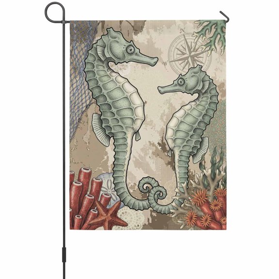 Coastal Green Seahorses Garden Flag 12 x 18 Inches, Vintage Nautical Compass Coral Ocean Weather Proof Outdoor Patio Flags Double Sided Small Garden Decoration for Yard Outside Home