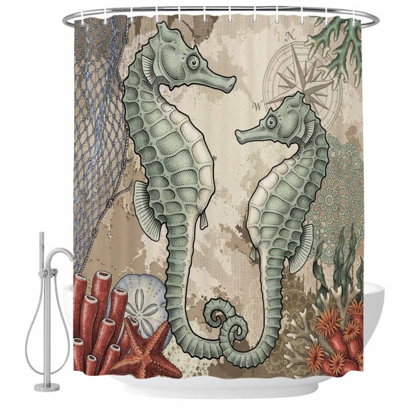 Coastal Green Seahorses Shower Curtain for Bathroom, Vintage Nautical Compass Coral Ocean Waterproof Cloth Fabric Bathroom Accessories Set with 9 Rust Proof Plastic Hooks, 36"x72"