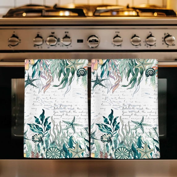 Coastal Green Seaweed Kitchen Towels Set of 3, Summer Beach Coral Starfish Retro Absorbent Dish Towels for Kitchen, Microfiber Hand Towel, Quick Drying Tea Towel for Cleaning Decorative Dishcloths