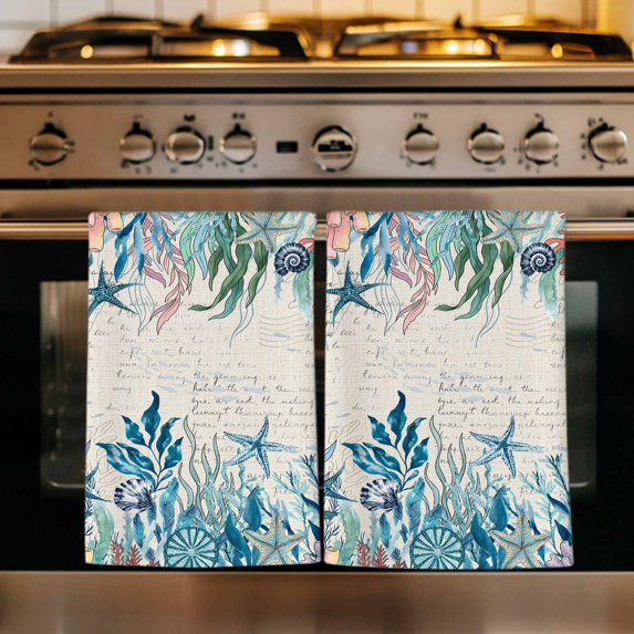Coastal Green Seaweed Kitchen Towels Set of 4, Summer Beach Coral Starfish Rustic Absorbent Dish Towels for Kitchen, Microfiber Hand Towel, Quick Drying Tea Towel for Cleaning Decorative Dishcloths