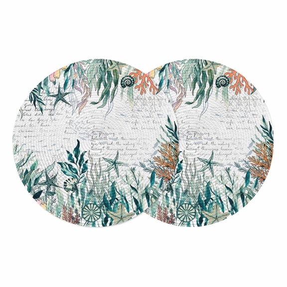 Coastal Green Seaweed Round 13 Inch Placemats Set of 2, Summer Beach Coral Starfish Retro HeatResistant Non Slip Place Mats for Dining Table, Wipeable Braided Kitchen Table Mats for Housewarming