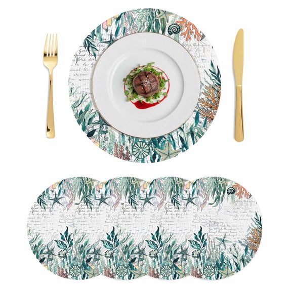 Coastal Green Seaweed Round 13 Inch Placemats Set of 4, Summer Beach Coral Starfish Retro HeatResistant Non Slip Place Mats for Dining Table, Wipeable Braided Kitchen Table Mats for Housewarming