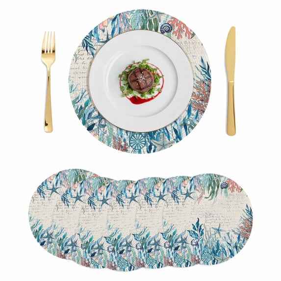 Coastal Green Seaweed Round 13 Inch Placemats Set of 6, Summer Beach Coral Starfish Rustic HeatResistant Non Slip Place Mats for Dining Table, Wipeable Braided Kitchen Table Mats for Housewarming