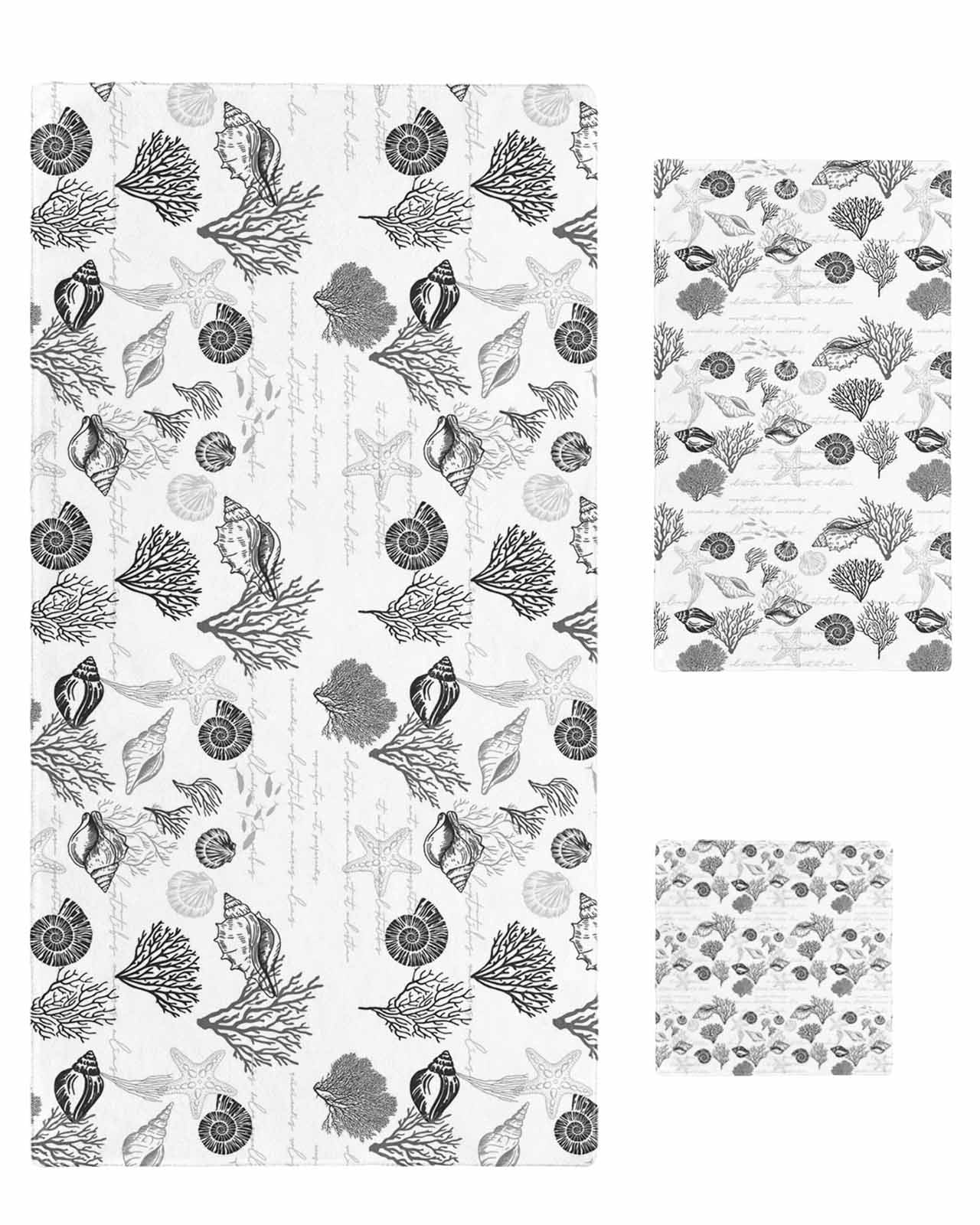 Coastal Grey Bath Towels for Bathroom Set,Luxury Microfiber Towels Gifts for Women,Quick Dry Beach Hand Hair Face Towel and Dish Washcloth,Retro Ocean Coral Shell Starfish Seahorse Towels+Set