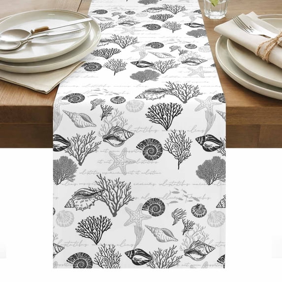 Coastal Grey Table Runner - 90 Inch Long, Kitchen Dining Table Runner Dresser Scarves, Retro Ocean Coral Shell Starfish Seahorse Farmhouse Decor for Coffee Tables Wedding Party Banquet