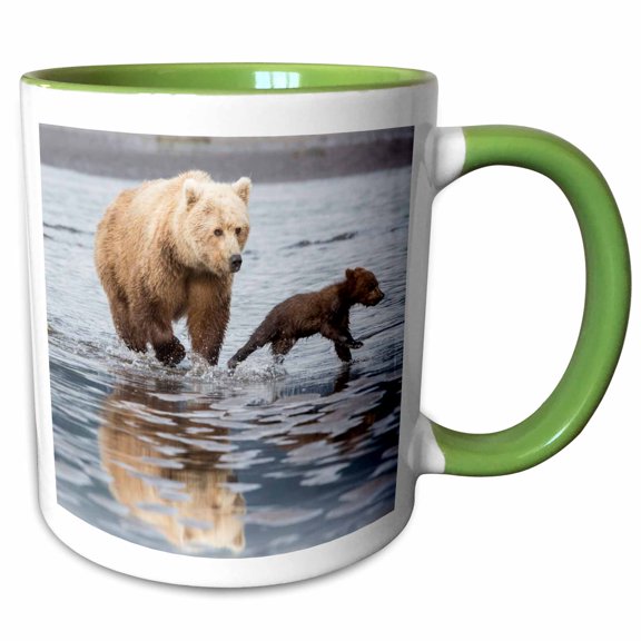 3drose, Coastal Grizzly Bear Mother and Cubs Running, Lake Clark Np, Alaska., 11oz Two-tone Green Mug