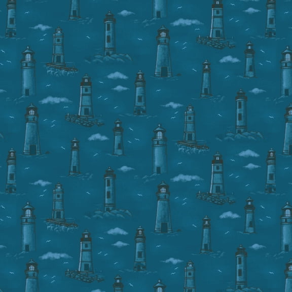 Coastal Guardians Monochromatic Lighthouses Cotton Fabric