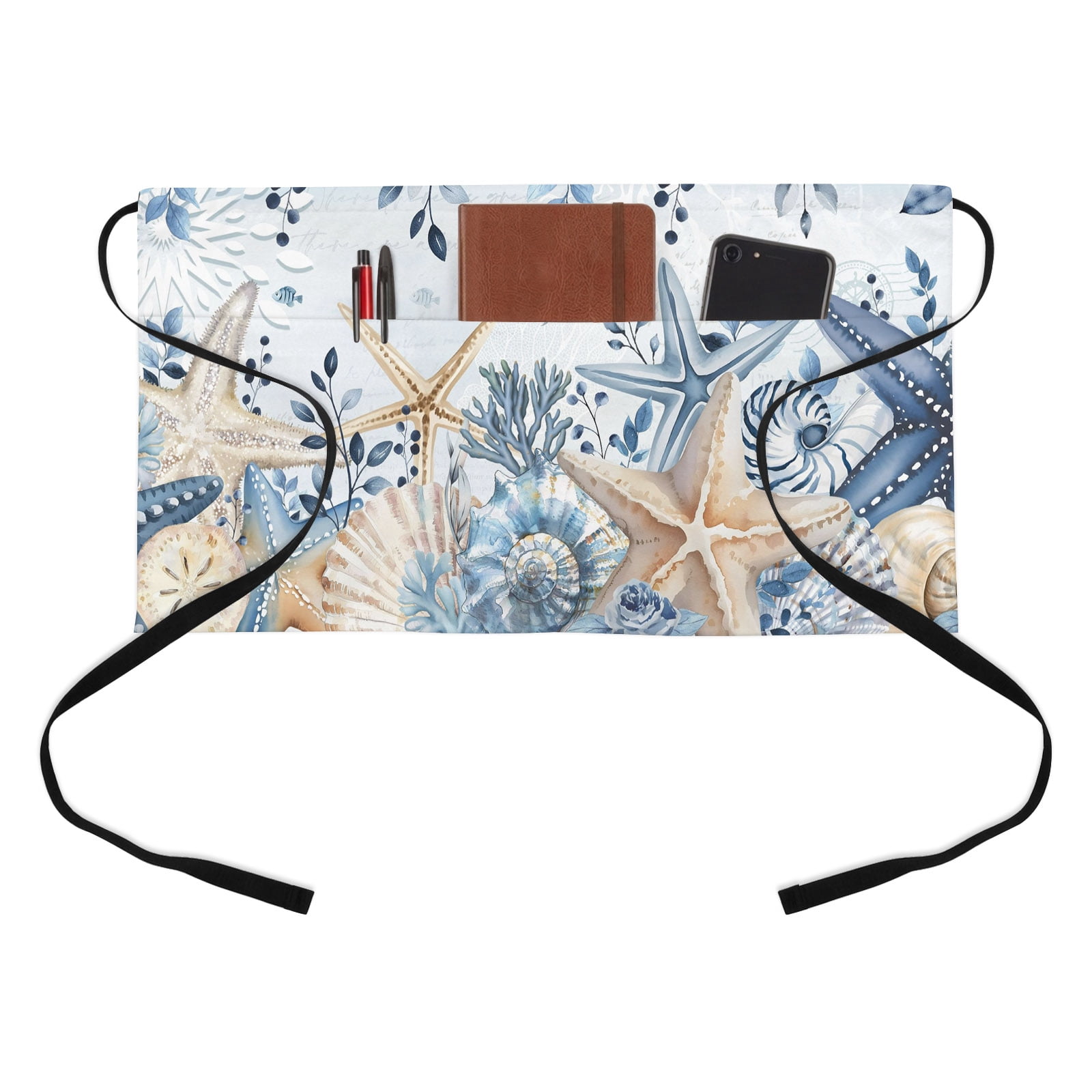 Shell Apron Coastal Half Waist Apron Ocean Blue Beige Starfish Shells Plant Leaves ...