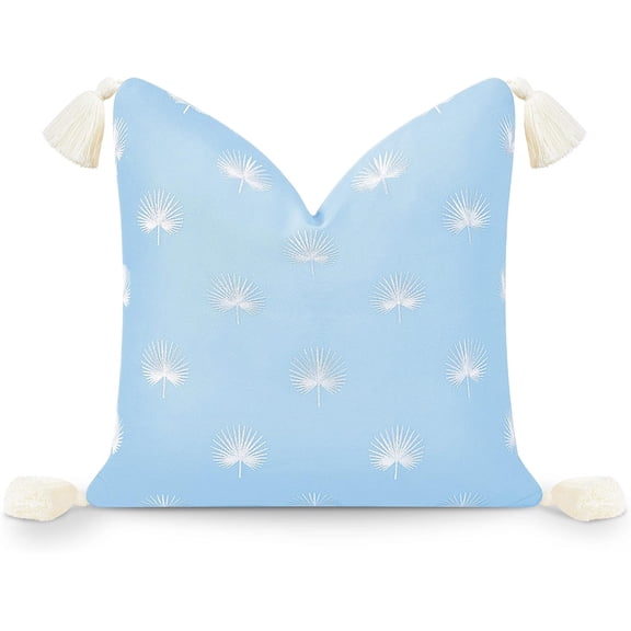 Coastal Hampton Style Throw Pillow Cover 18" x 18" Water Repellent Polyester with Embroidered Palm Leaf and Tassels Baby Blue