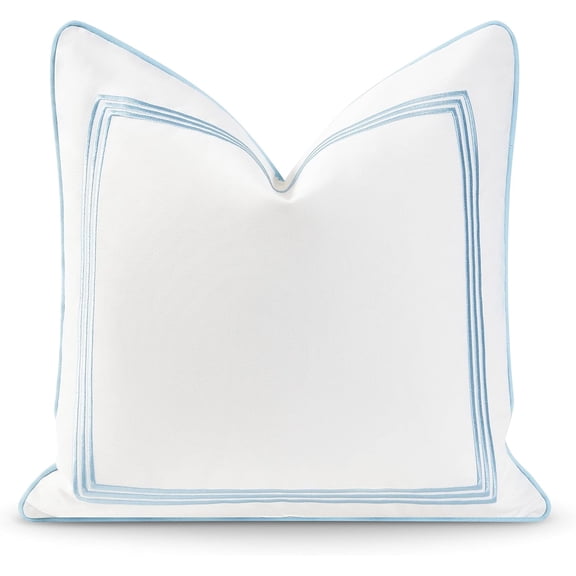 Coastal Hampton Style Throw Pillow Cover 20" x 20" Water Resistant Polyester with Embroidered Square Line Baby Blue