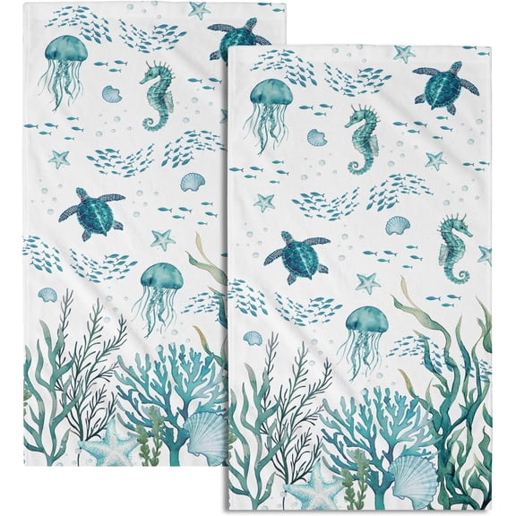 Coastal Hand Towels Set of 2 Nautical Coral Seashell Sea Turtle Seaweed Jellyfish Absorbent Kitchen Towels Summer Beach Ocean Theme Fingertip Towels for Bathroom