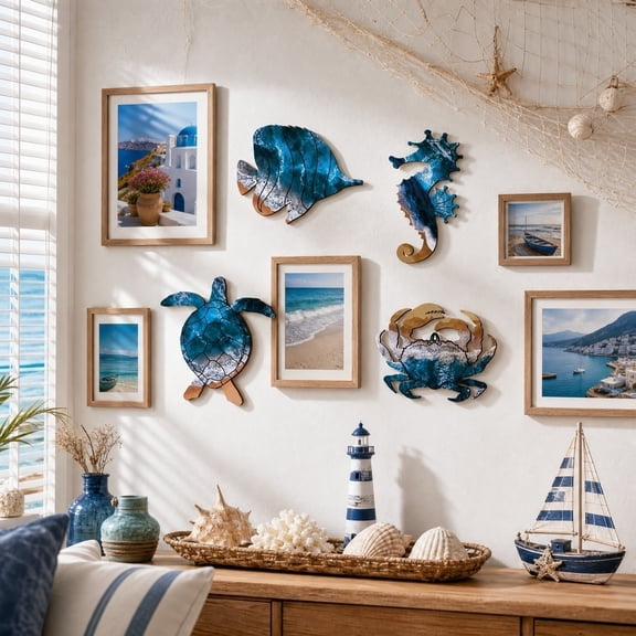 Coastal Hanging Decor Set of 4, Beach Art Wall Decor, Wooden Wall Art Decor, Ocean Wall Decor, Sea Turtle, Fish, Seahorse and Crab Shaped Wooden Plaques for Porch, Entryway and