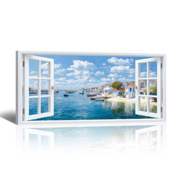 Coastal Harbor Canvas Wall Art - Large Open Window Canvas Prints with Mediterranean Village Landscape Paintings, Bright Seaside Horizontal Artwork for Living Room Bedroom Home Decor