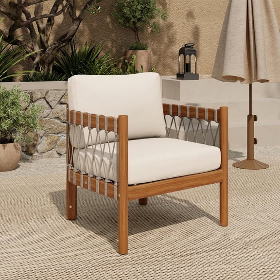 Coastal Haven Acacia Wood Lounge Chair Outdoor with Removable Cushion, Wooden Patio Accent Chair with Woven Rope Details, Outdoor Armchair for Patio Furniture Set, Teak+Beige