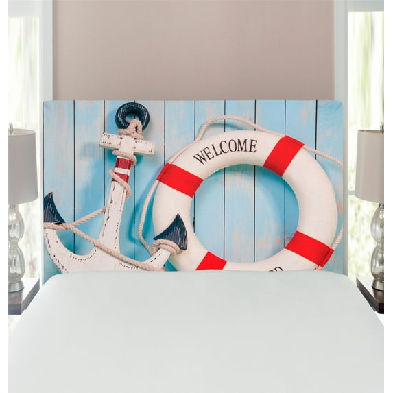 Coastal Headboard, Anchor Striped Siding Vertical on Shabby Boards Classic Style, Upholstered Decorative Metal Bed Headboard with Memory Foam, Twin Size, Red Pale Blue Navy Blue, by Ambesonne