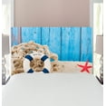 thumbnail image 1 of Coastal Headboard, Marine Theme Welcome Message on Beach Coastline Vintage Style Picture Print, Upholstered Decorative Metal Bed Headboard with Memory Foam, Twin Size, Eggshell Blue Red, by Ambesonne, 1 of 4