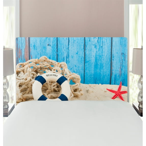 Coastal Headboard, Marine Theme Welcome Message on Beach Coastline Vintage Style Picture Print, Upholstered Decorative Metal Bed Headboard with Memory Foam, Twin Size, Eggshell Blue Red, by Ambesonne