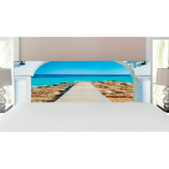 Coastal Headboard, View from an Open Window Curve on the Sea with a Quay Wooden Coastline, Upholstered Decorative Metal Bed Headboard with Memory Foam, King Size, Aqua Cream Blue, by Ambesonne