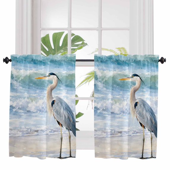 Coastal Heron Bathroom Window Curtain, Summer Beach Waves Birds Ocean Blue Light Filtering Coffee Kitchen Curtains, Bedroom Living Room Curtains 2 Panel 84"x45"