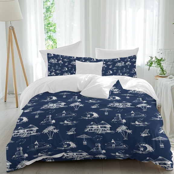 Coastal Holiday Comforter Set Full Size, Ocean Coconut Tree Surfing Boat Navy Blue Soft Bedding Set for Man Woman, 4 Pieces Duvet Cover Set with Fitted Sheet, 2 Pillowcases