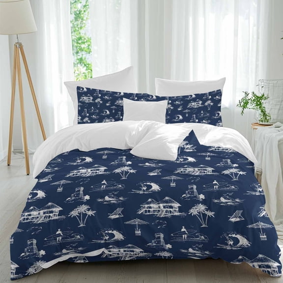 Coastal Holiday Comforter Set Queen Size, Ocean Coconut Tree Surfing Boat Navy Blue Soft Bedding Set for Man Woman, 4 Pieces Duvet Cover Set with Fitted Sheet, 2 Pillowcases