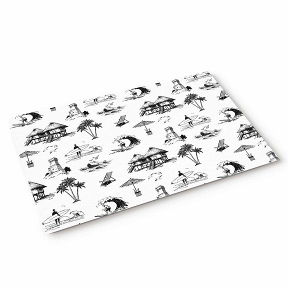 Coastal Holiday Door Mat Ocean Coconut Tree Surfing Boat Black White Non Slip Absorbent Entrance Mat Washable Low Profile Indoor Doormat for Front Door Entryway Entry 18"x30"