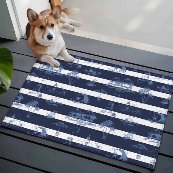 Coastal Holiday Front Door Rugs 2x3 ft Ocean Coconut Tree Surfing Boat Blue Stripes Small Rug for Entryway Non Slip Washable Bathroom Door Mat Absorbent Floor Mat for Indoor Entrance