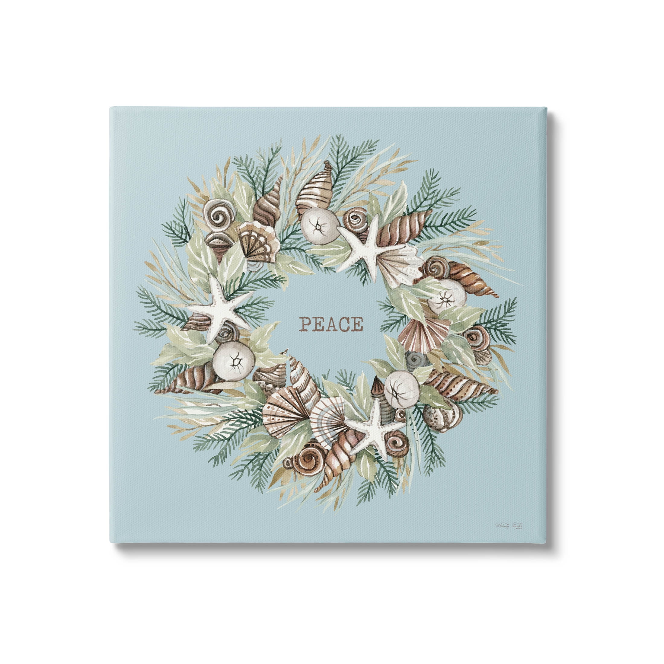 Coastal Holiday Peace Wreath Holiday Graphic Art Gallery Wrapped Canvas Print Wall Art