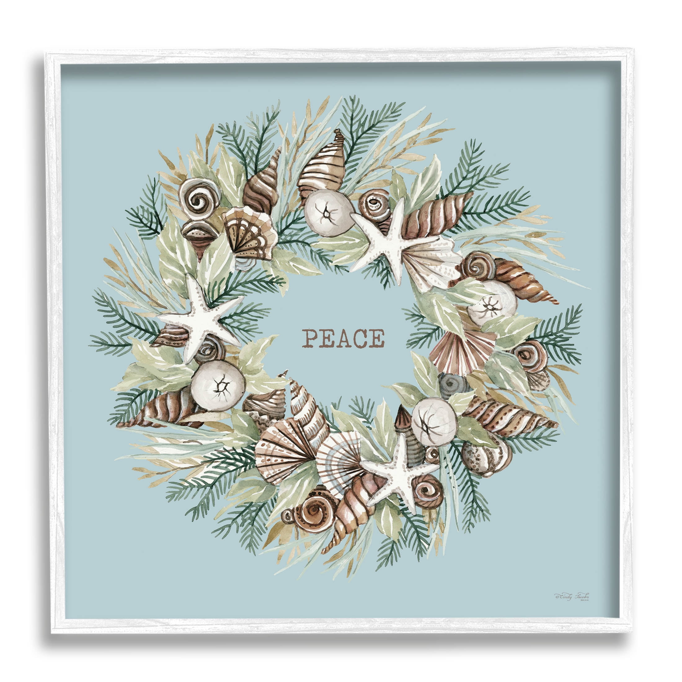Coastal Holiday Peace Wreath Holiday Graphic Art White Framed Art Print Wall Art