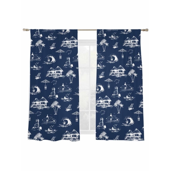 Coastal Holiday Sheer Curtains 2 Panels Set Ocean Coconut Tree Surfing Boat Navy Blue Sheer Window Curtains Light Filtering Rod Pocket Voile Drapes for Bedroom Living Room 52"X72"