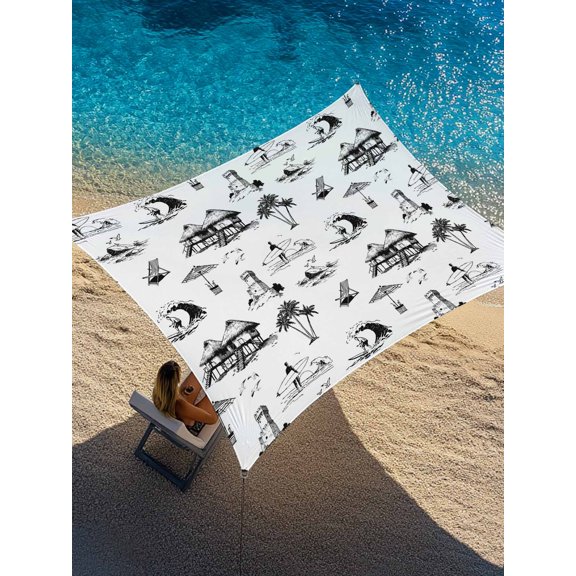 Coastal Holiday Sun Shade Sail 8' x 10', Ocean Coconut Tree Surfing Boat Black White Rectangle Outdoor Sunshade Canopy, Waterproof UV Block Patio Covers for Garden Yard Beach