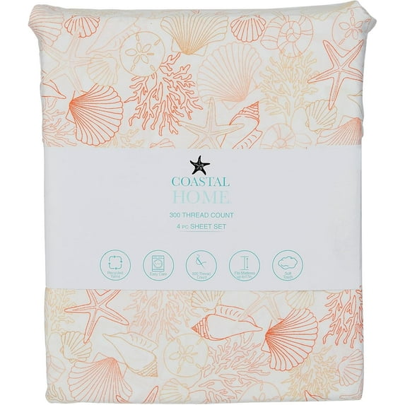 Coastal Home 4 Pc Shell Yeah Sheet Set Queen White Multi
