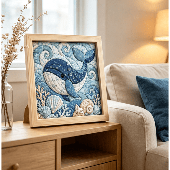 Coastal Home Decor DIY Quilt Patchwork Frame Kit, Whale Underwater Scene Craft Set, Relaxing Leisure Hobby Handcraft Artwork
