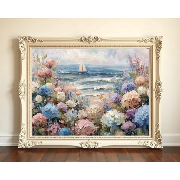 Coastal Hydrangea Seascape Poster Cottagecore Floral Beach , Romantic Sailboat , Pastel Coastal Home Art, Unframed Canvas Size 8x12 F03.1.18l1621