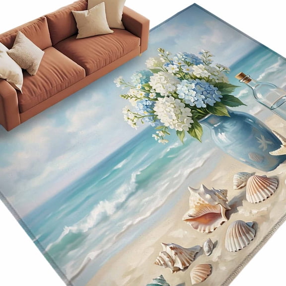 Coastal Hydrangeas Area Rug 8x10 Washable Rug Non Slip Sky Blue Floral Seaside Shells Starfish Large Area Rug Soft Stainresistant Indoor Carpet for Living Room Bedroom Home Office Dining Room Nursery