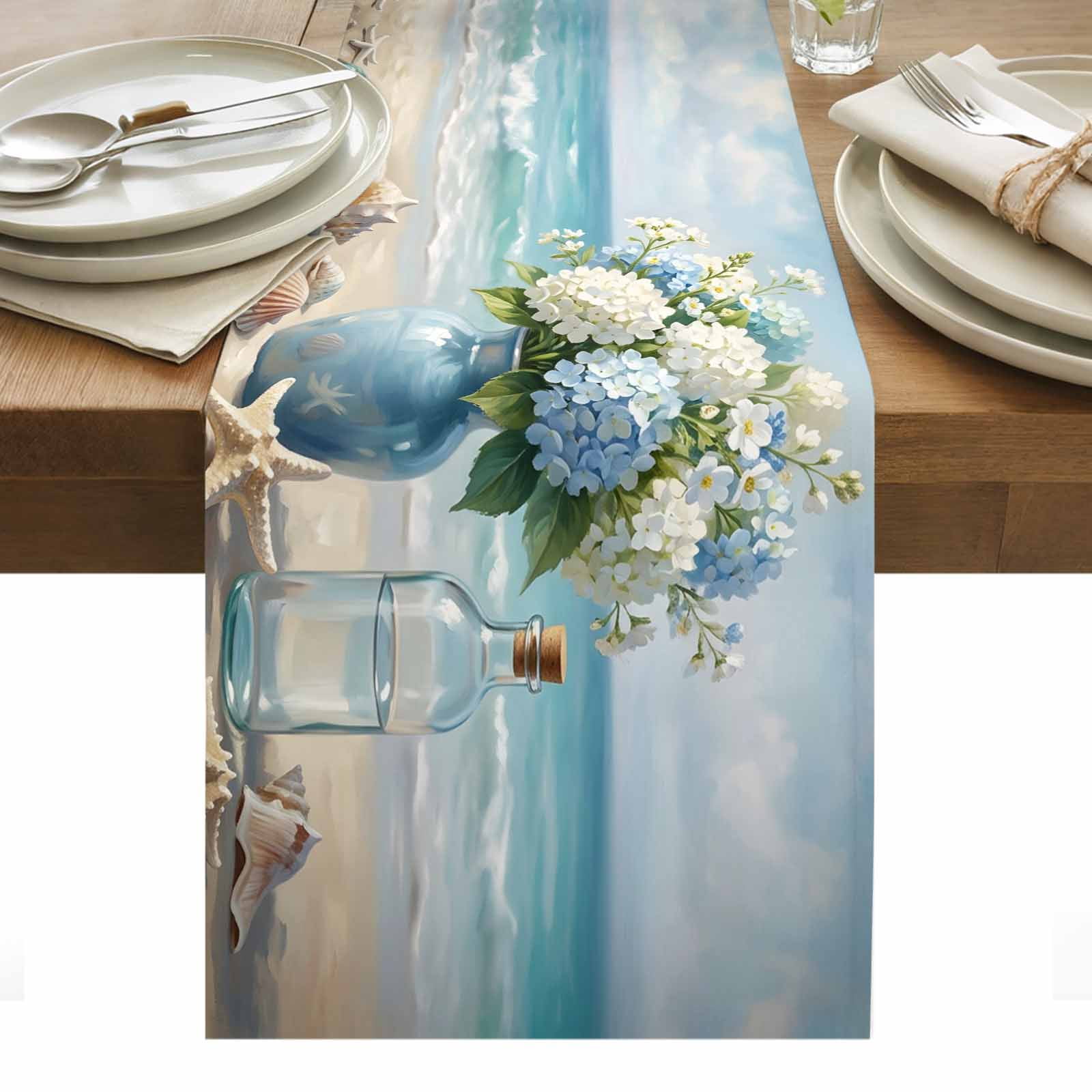 Tabletop Shells Coastal Hydrangeas Table Runner Sky Blue Floral Seaside Shells Starfish ...
