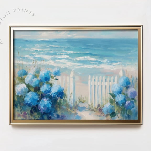 Coastal Hydrangeas Wall Art Print, Summer Cottage Flower, Cape Cod, Beach House, Charming Blue Ocean Landscape, Home And Living Room Decor