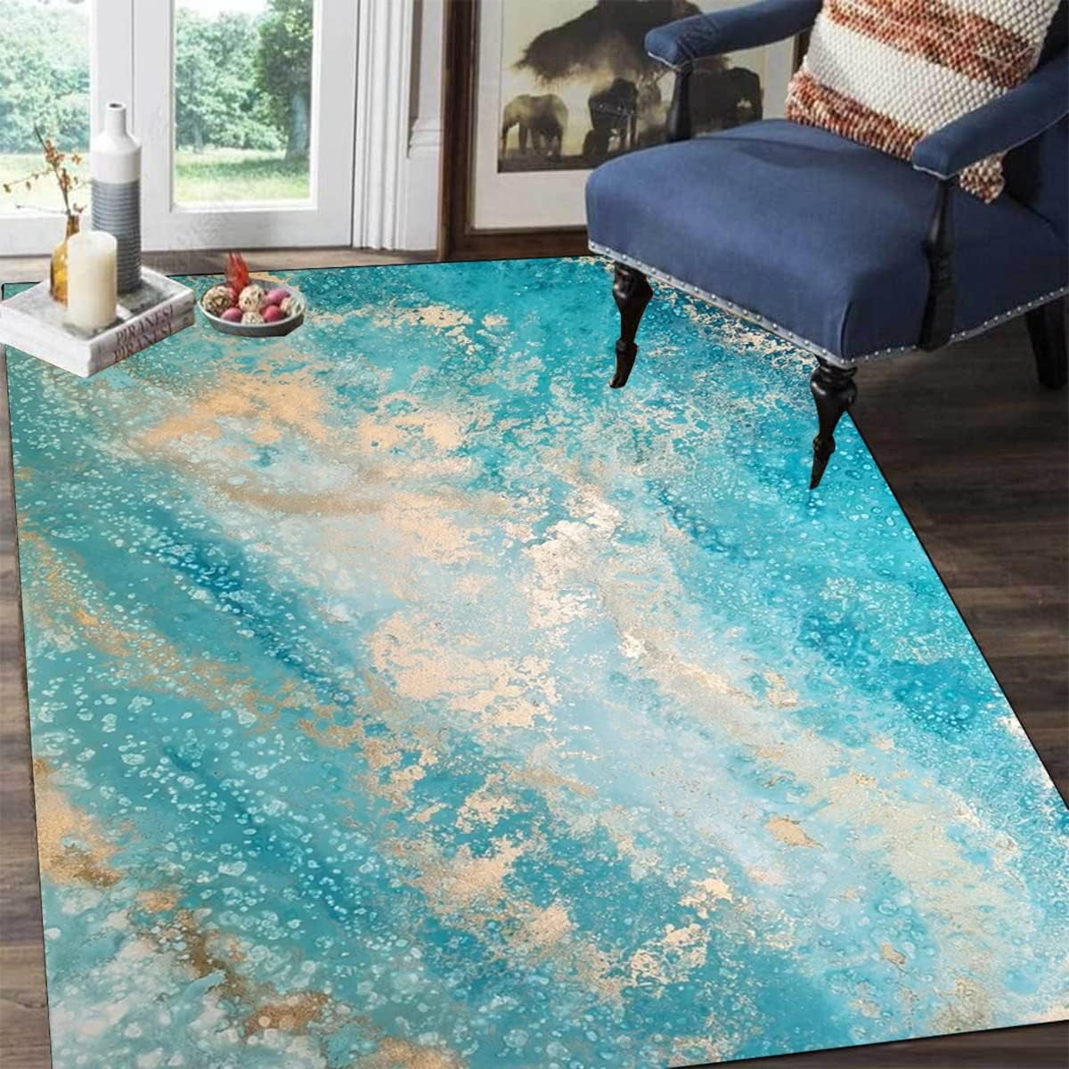 Coastal Ice Blue Bubble Gold Ombre Modern Area Rug For Living Room ...