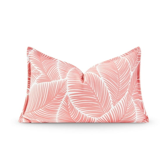 Hofdeco Premium Coastal Patio Indoor Outdoor Lumbar Pillow Cover Only, 12"x20" Water Resistant for Backyard, Couch, Coral Pink Palm Leaf