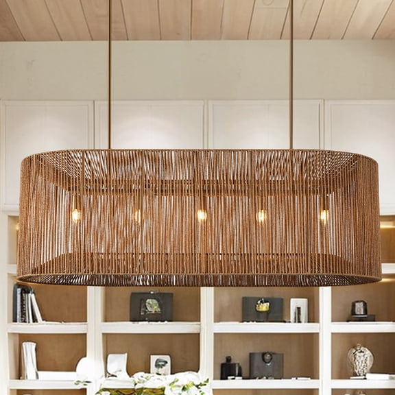 Coastal-Inspired Abaca Rope Linear Iron Chandelier , Compatible with Adjustable Switches , Light Fixtures for Dining Room , Living Room Chandlier
