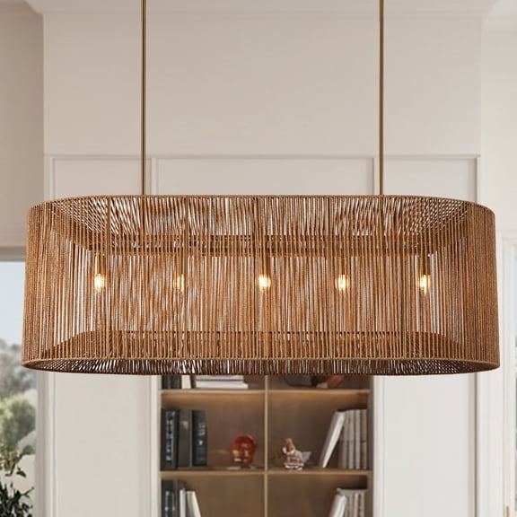 Coastal-Inspired Abaca Rope Linear Iron Chandelier , Compatible with Adjustable Switches , Light Fixtures for Dining Room , Living Room Chandlier