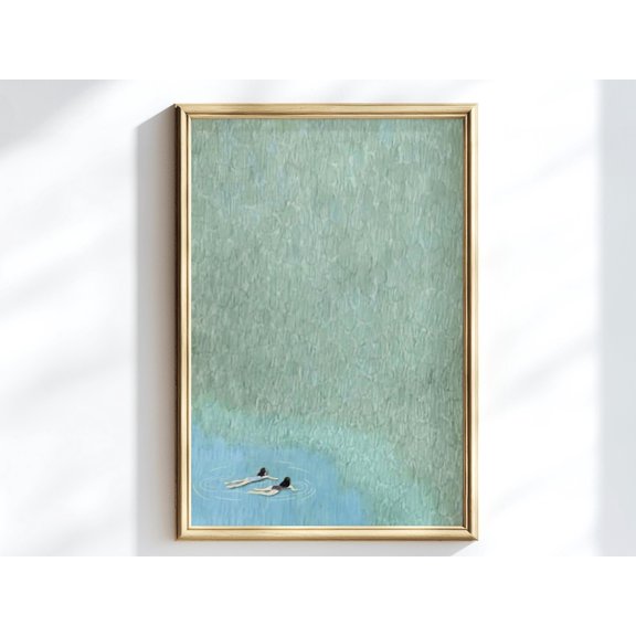 Coastal Japandi Wall Art Print, Retro Swimmer Poster in Aqua Green, Calm Ocean Bathroom Decor, Minimalist Beach House Artwork , Poster Print Only